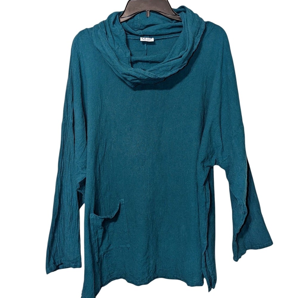 Oh My Gauze Tortus Teal Green Cotton Cowl Neck Tunic Top One Size Lagenlook